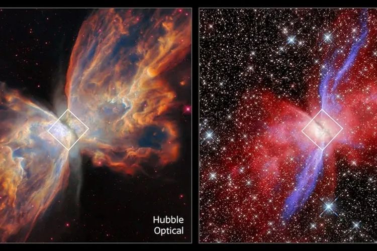 Dua tampilan Nebula Kupu-kupu, terlihat dalam cahaya optik dan inframerah dekat oleh Hubble. 