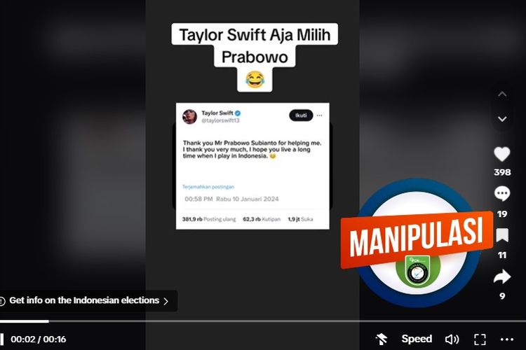Tangkapan layar cuitan akun X yang diklaim Taylor Swift berterimkasih kepada Prabowo