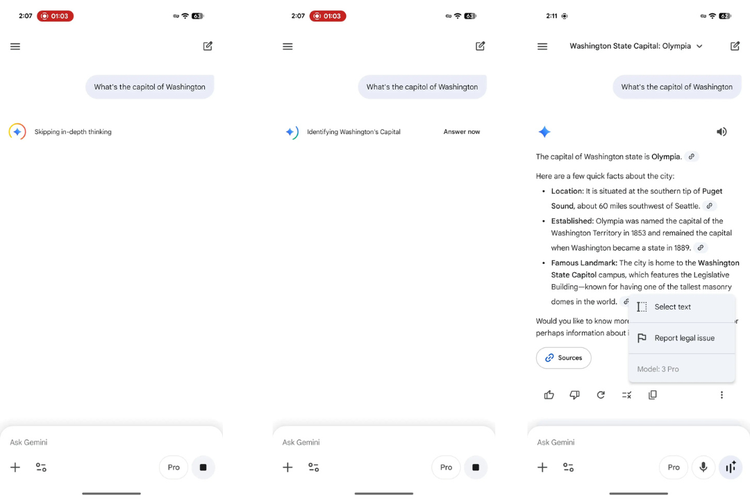 Tampilan fitur Answer Now di aplikasi Gemini. Tombol ini memungkinkan pengguna melewati proses in-depth thinking dan mendapatkan jawaban lebih cepat saat Gemini sedang memproses respons. 