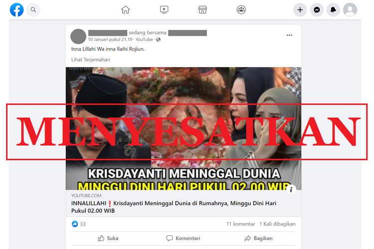 Tangkapan layar unggahan dengan narasi menyesatkan di sebuah akun Facebook, Selasa (10/1/2023), soal video Krisdayanti meninggal dunia.