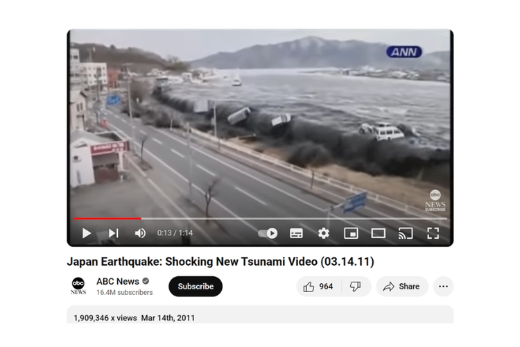 Tangkapan layar pemberitaan ABC News tentang gempa Jepang pada 2011