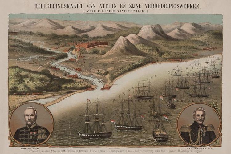 Peta Pengepungan Atchin dan Pertahanannya (pandangan mata burung)' dengan potret Mayor Jenderal G.M. Kohler di kiri bawah, potret Letnan Jenderal J. van Swieten di kanan bawah, dan nama-nama kapal perang Belanda yang terlibat. Diterbitkan oleh Van Egmond & Heuvelink dalam Arnhem 1873