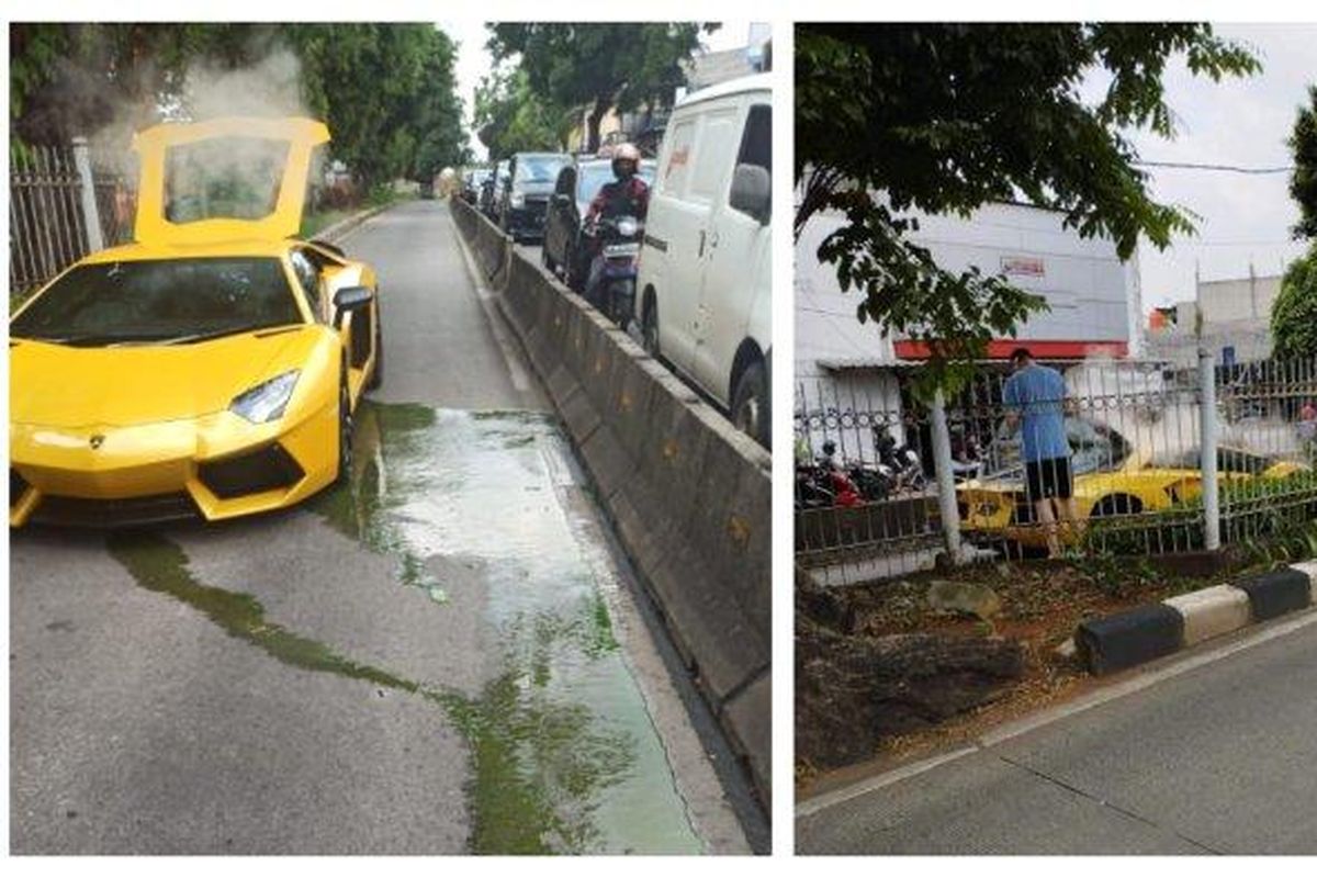 Sebuah mobil Lamborghini mogok dan mengeluarkan asap di Jalur Busway di Kebon Jeruk, Jakarta Barat pada Sabtu (14/1/2023)
