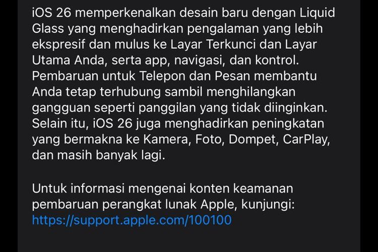Update Software iOS 26 tersedia bagi pengguna iPhone di Indonesia, Selasa (16/5/2026).