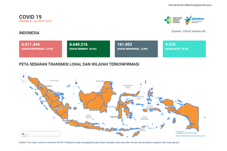 Tangkap layar data sebaran kasus Covid-19 di Indonesia hingga 21 Juni 2023 pukul 16.00 WIB dari laman covid19.go.id yang diambil pada Kamis (22/6/2023) pukul 11.00 WIB.