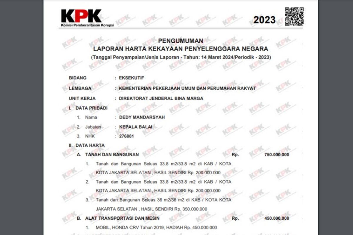 Kepala BPJN Kalbar Dedy Mardansyah Tak Laporkan Beberapa Aset, KPK Akan Panggil