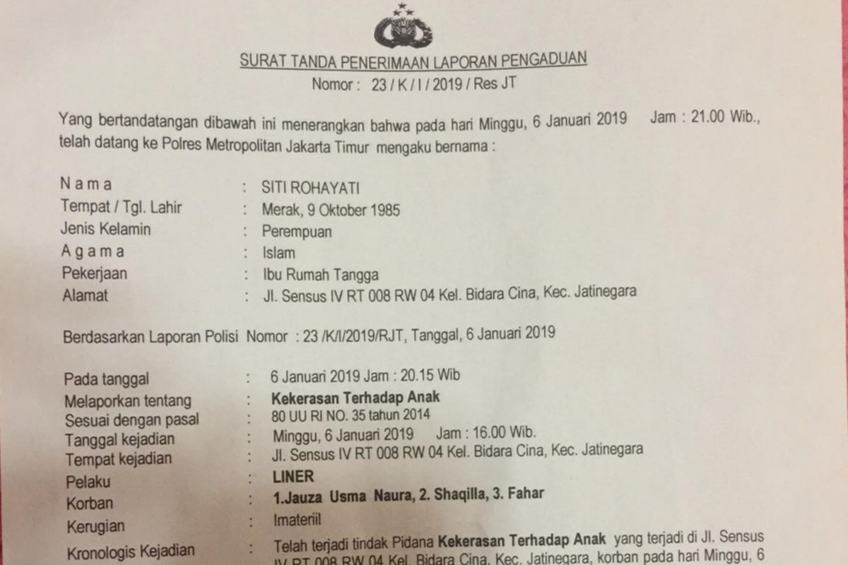 Laporan polisi terkait kekerasan anak di Bidara Cina, Jatinegara, Jakarta Timur, Rabu (9/1/2019)