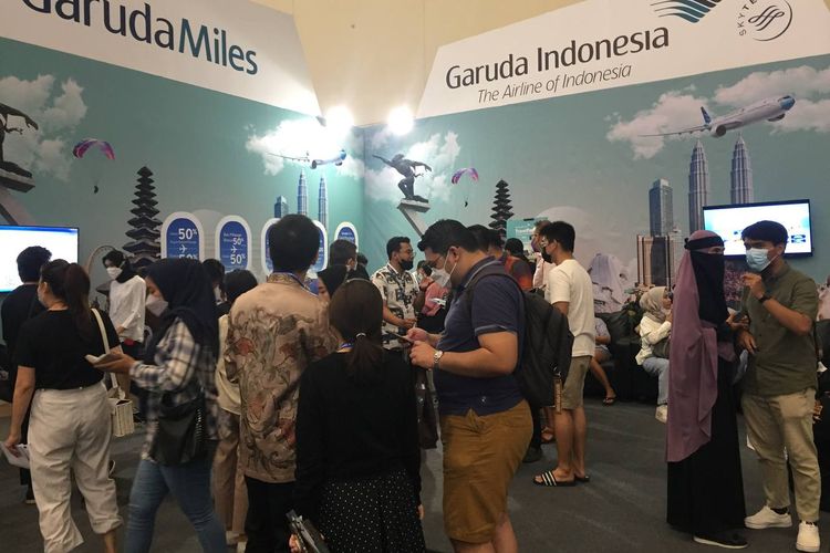 Suasana hari pertama Garuda Indonesia Travel Fair atau GATF 2022 di ICE BSD Tangerang, Banten, pada Jumat (28/10/2022).