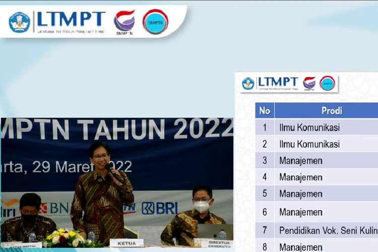 Ketua LTMPT Prof. Mochamad Ashari saat menyampaikan program studi (prodi) Soshum paling ketat di SNMPTN 2022, Selasa (29/3/2022).