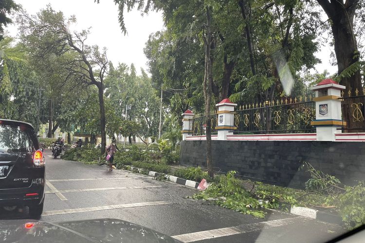Ranting dari pohon tumbang berserakan di Kompleks perumahan DPR RI, Kalibata, Jakarta Selatan, Sabtu (5/11/2022).