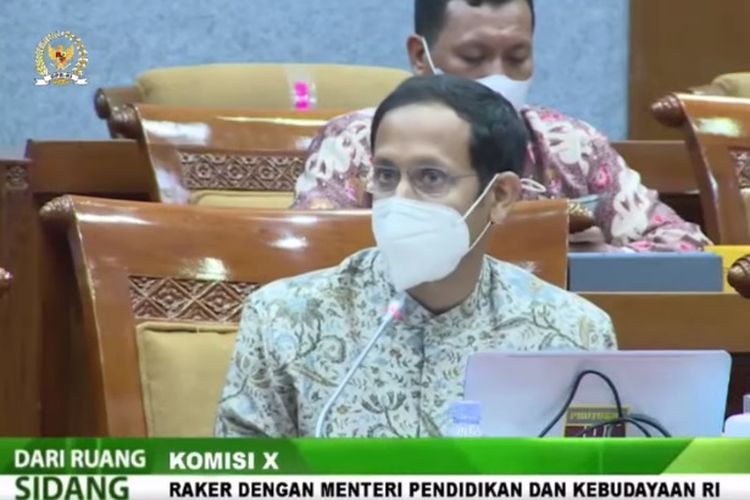 Tangkapan layar Mendikbud Nadiem Makarim saat Rapat Kerja bersama Komisi X DPR RI.