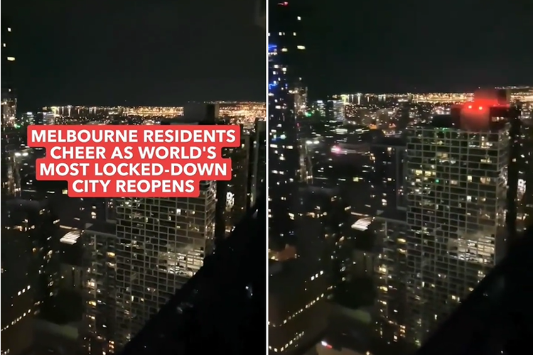 Tangkap layar video sorak-sorai warga Melbourne, Australia, yang menerapkan lockdown terlama di dunia akhirnya dibuka kembali pada Jumat (22/10/2021). 

