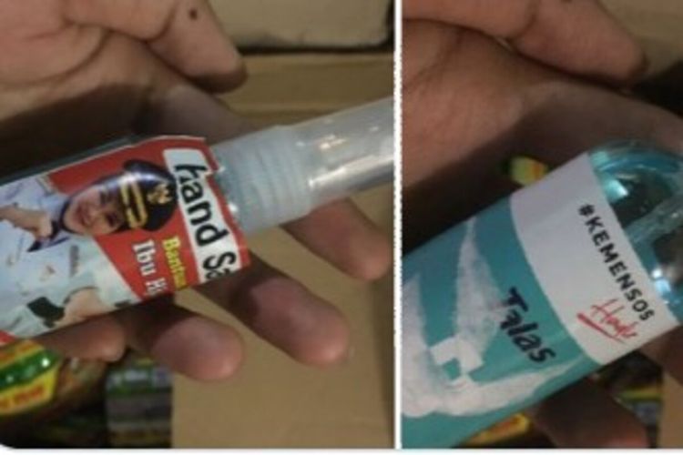 Tangkap layar dalam sebuah unggahan di media sosial Twitter mengenai viralnya hand sanitizer berstiker gambar Bupati Klaten.