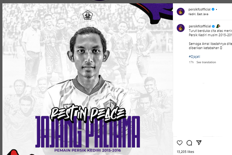 Captura de tela do upload de Persik Kediri informando que o ex-jogador da seleção indonésia, Jajang Paliama, morreu no sábado (5/11/2024)