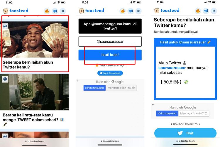 Ilustrasi cara cek harga akun Twitter yang tengah viral via Toasteed.