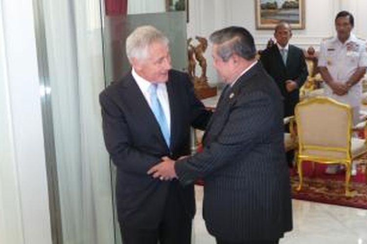 Presiden Susilo Bambang Yudhoyono menerima Menteri Pertahanan Amerika Serikat Chuck Hagel di Kantor Presiden, Jakarta, Senin ( 26/8/2013 ).