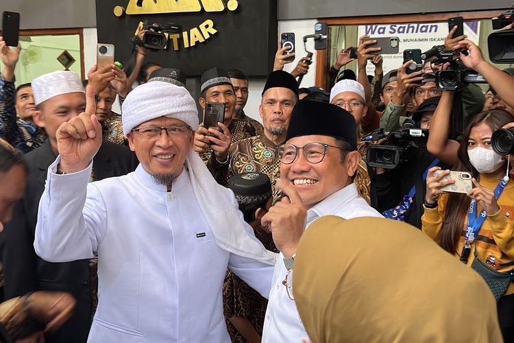 Calon wakil presiden (cawapres) nomor urut 1, Muhaimin Iskandar menemui Abdullah Gymnastiar atau dikenal dengan Aa Gym di Ponpes Daarut Tauhiid, Kamis (8/2/2024).