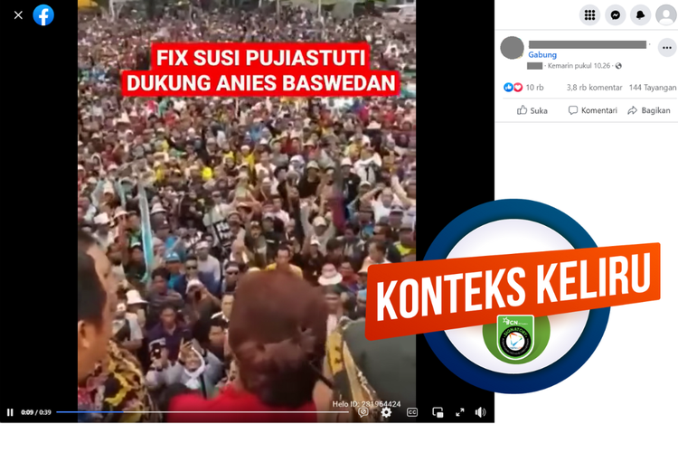 Tangkapan layar unggahan dengan narasi hoaks di sebuah akun Facebook, Senin (15/5/2023), soal video orasi Susi Pudjiastuti mendukung Anies Baswedan.
