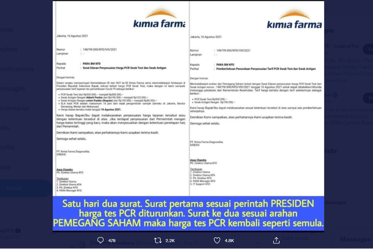 Di media sosial Twitter beredar surat berlogo Kimia Farma yang isinya soal penundaan penurunan harga tes antigen dan PCR. Kimia Farma menyatakan surat ini tidak benar.