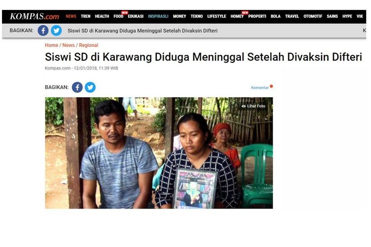Tangkapan layar pemberitaan Kompas.com soal siswi sekolah dasar (SD) di Karawang diduga meninggal setelah divaksin Difteri.