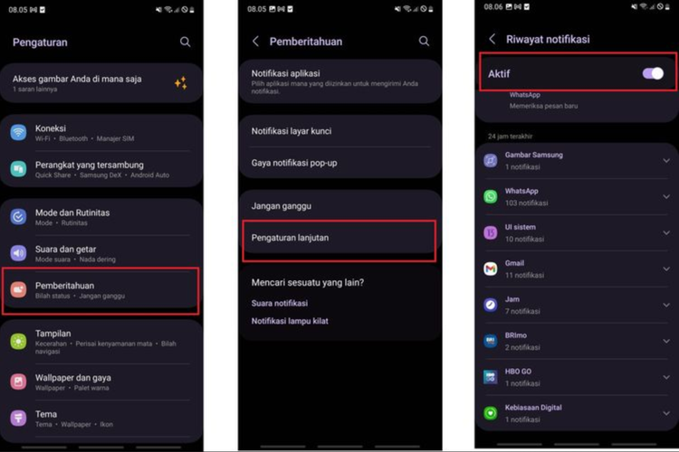 Ilustrasi cara melihat chat WA yang sudah dihapus tanpa aplikasi dengan mengaktifkan fitur riwayat notifikasi.