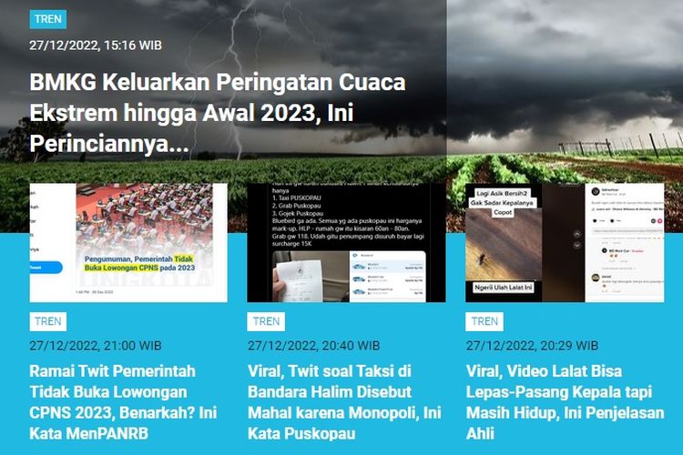 Hingga Rabu (28/12/2022) pagi, peringatan BMKG soal cuaca ekstrem menjadi berita populer kanal Tren.