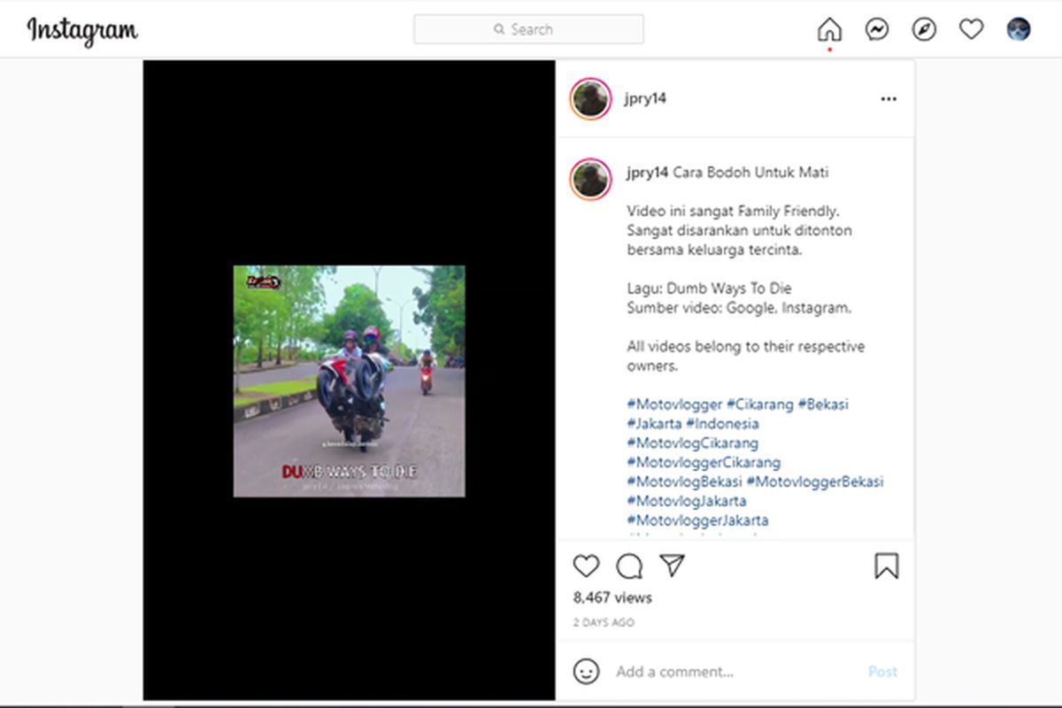 Video di Instagram yang merangkum kebiasaan buruk pengendara sepeda motor