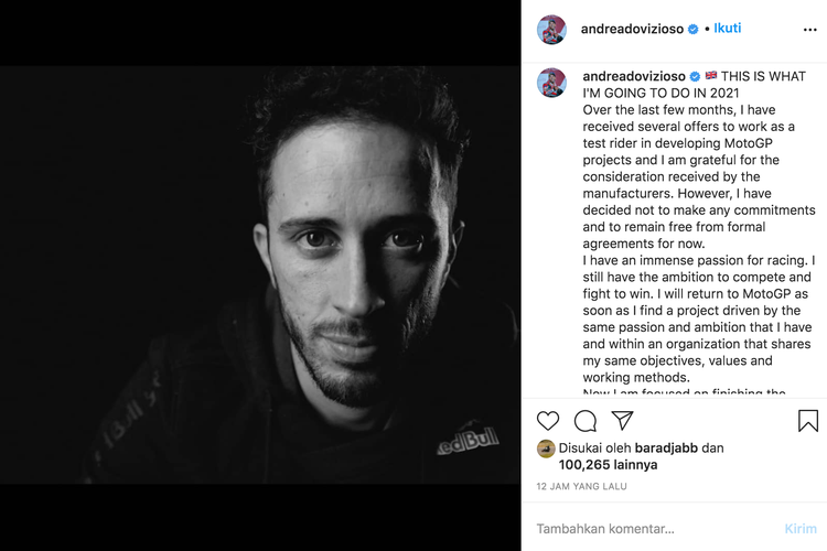 Pernyataan Andrea Dovizioso di akun instagram yang menyatakan tidak akan menerima tawaran apapun di MotoGP 2021