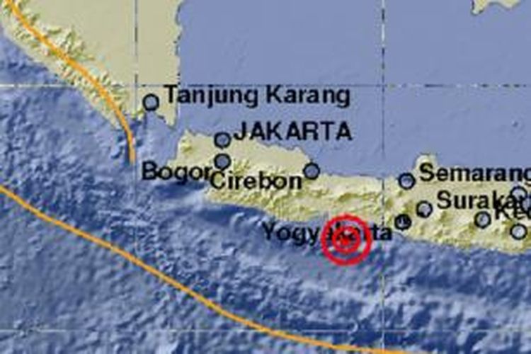 Pusat gempa 5,3 Skala Richter yang terjadi Senin (27/1/2014) pukul 23.14 WIB di Samudera Hindia.