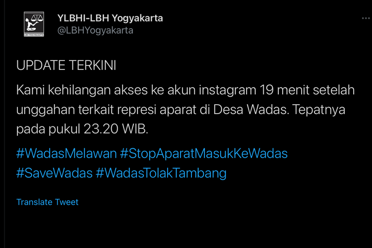 Tangkapan layar twit LBH Yogyakarta yang  menyebutkan akun Instagram @lbhyogyakarta tidak dapat diakses.