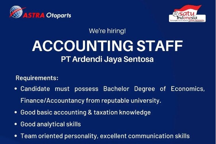 Anak Perusahaan PT Astra Otoparts Tbk yakni PT Ardendi Jaya Sentosa membuka lowongan kerja untuk posisi Accounting Staff