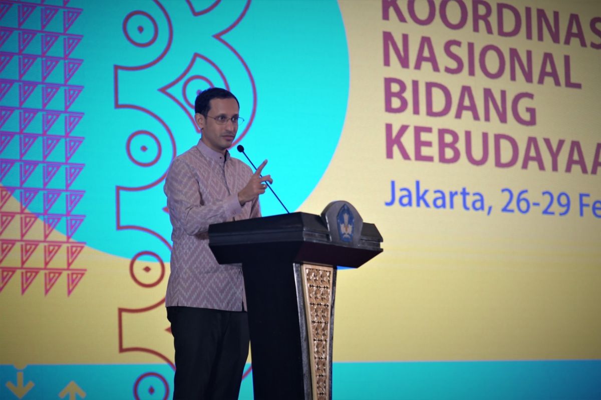 Menteri Pendidikan dan Kebudayaan, Nadiem Makarim dalam Rapat Koordinasi Nasional Bidang Kebudayaan di Jakarta, Rabu (26/2/2020).