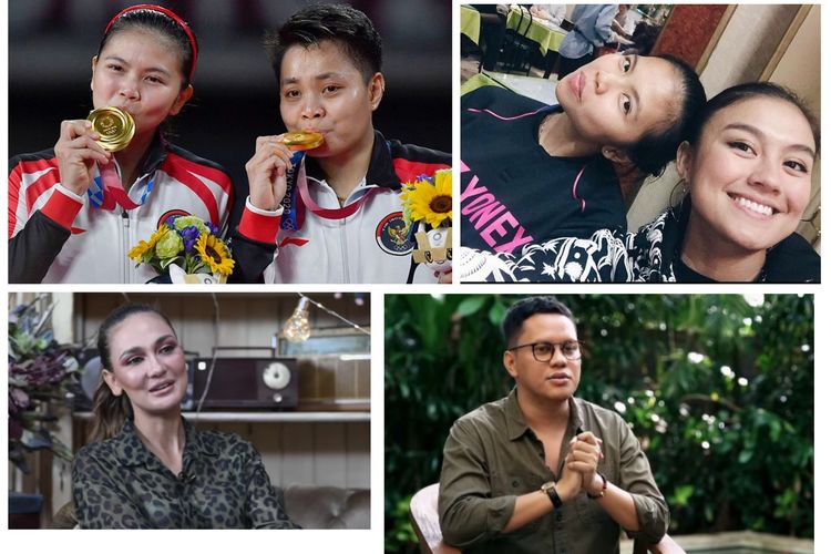 Kolase foto Greysia Polii dan Apriyani Rahayu, Agnez Mo, Luna Maya, dan Arief Muhammad