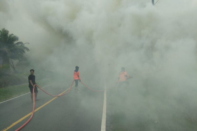 Jalan nasional di Kurau Timur, Bangka Tengah yang tertup asap, Jumat (4/8/2023).