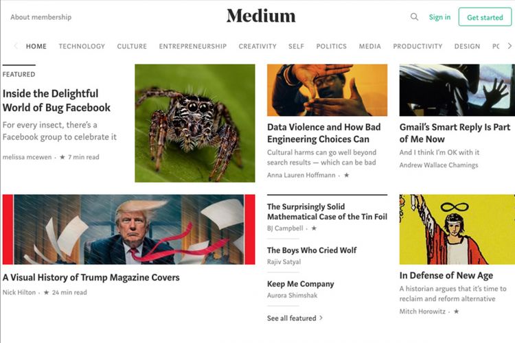 Tampilan beranda situs Medium.com setelah bisa diakses kembali, Rabu (2/5/2018). 