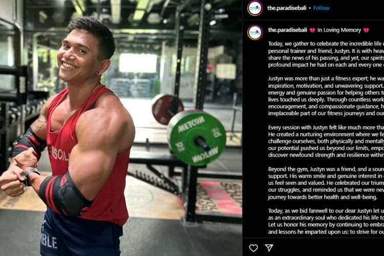 Tangkapan layar unggahan The Paradise Bali usai binaragawan Justyn Vicky meninggal dunia usai tertimpa barbel.