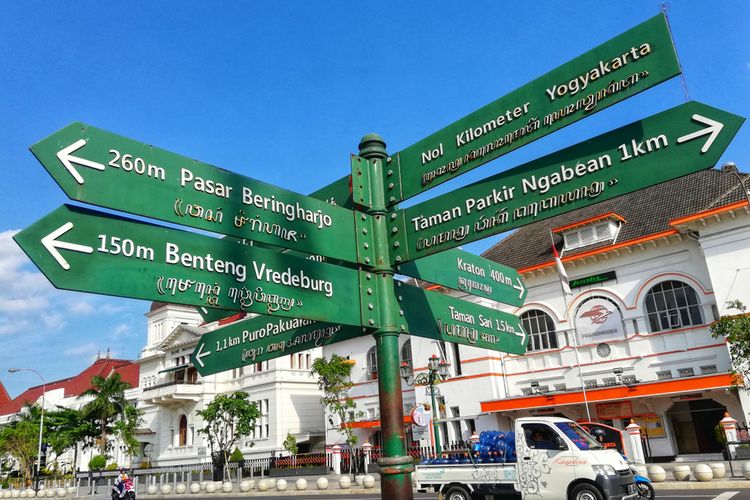 Penanda arah di Titik Nol Kilometer Yogyakarta.