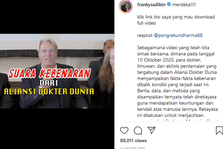 Tangkapan layar klaim palsu Aliansi Dokter Dunia yang dibagikan di sosial media.