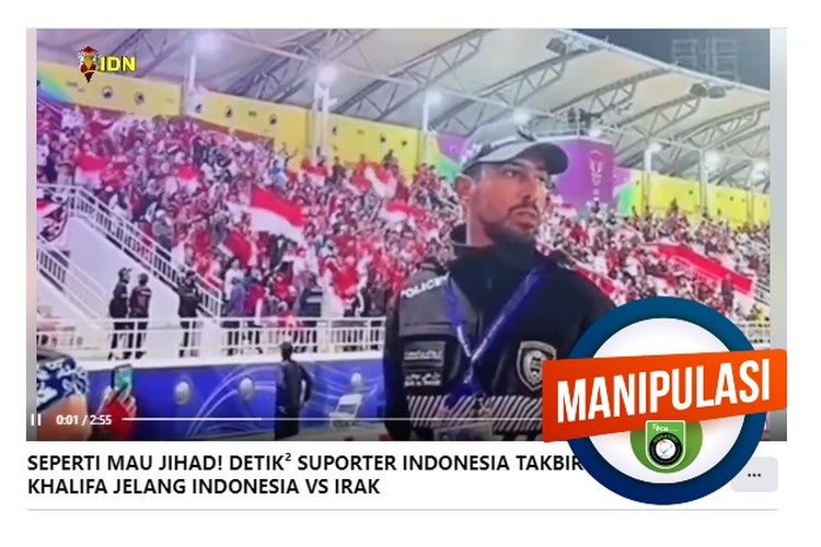 Tangkapan layar Facebook narasi yang mengeklaim suporter timnas Indonesia menyerukan takbir di Stadion Stadion Abdullah bin Khalifa. 