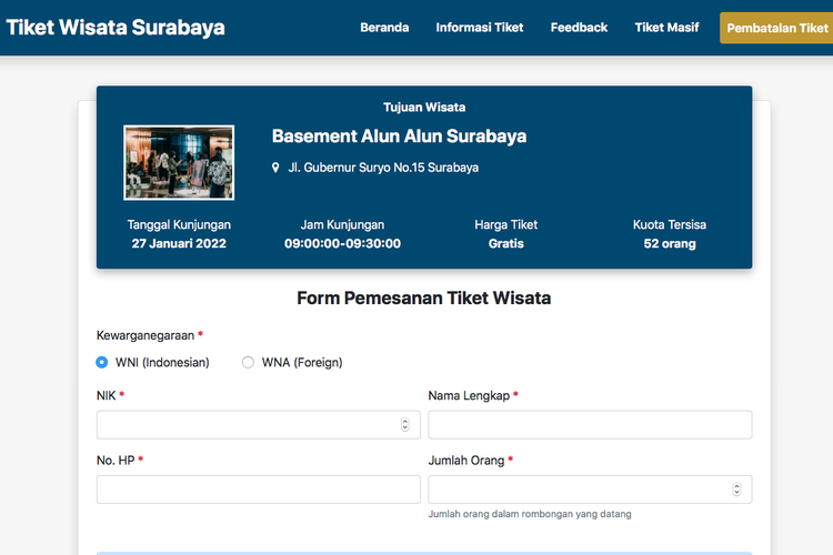 Tangkapan layar formulir pemesanan Tiket Wisata Surabaya (tiketwisata.surabaya.go.id)