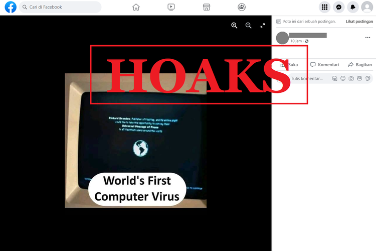 Tangkapan layar unggahan dengan narasi hoaks di sebuah akun Facebook, Senin (19/9/2022), menampilkan tampilan layar sebuah komputer yang diklaim sebagai virus komputer pertama di dunia.