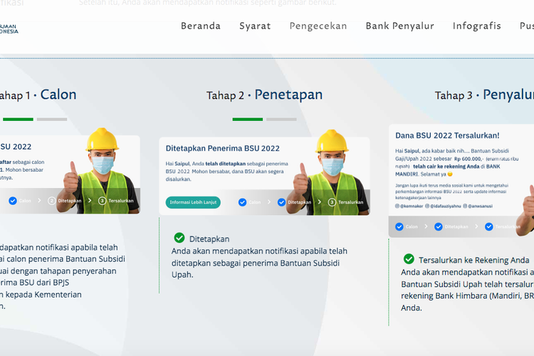 Tangkapan layar laman Kementerian Ketenagakerjaan, bsu.kemnaker.go.id. Cara cek status pencairan BSU 2022.