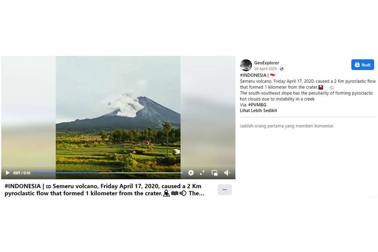 Tangkapan layar unggahan Facebook soal erupsi Semeru 17 April 2020