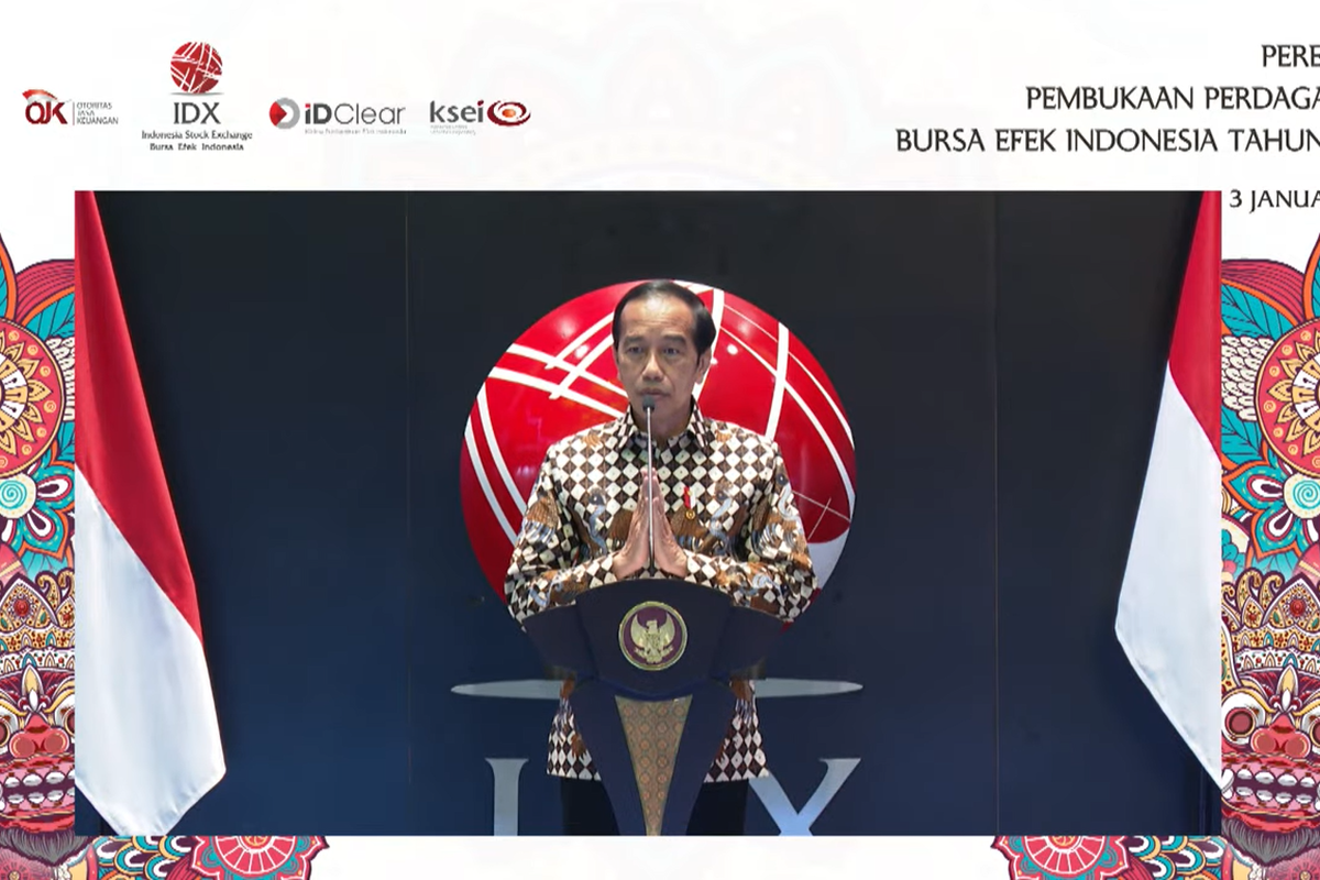 Tangkapan layar, Presiden RI Joko Widodo memberikan sambutan dalam Peresmian Pembukaan Perdagangan BEI Tahun 2022, di Gedung BEI, Jakarta, Senin (3/1/2022).