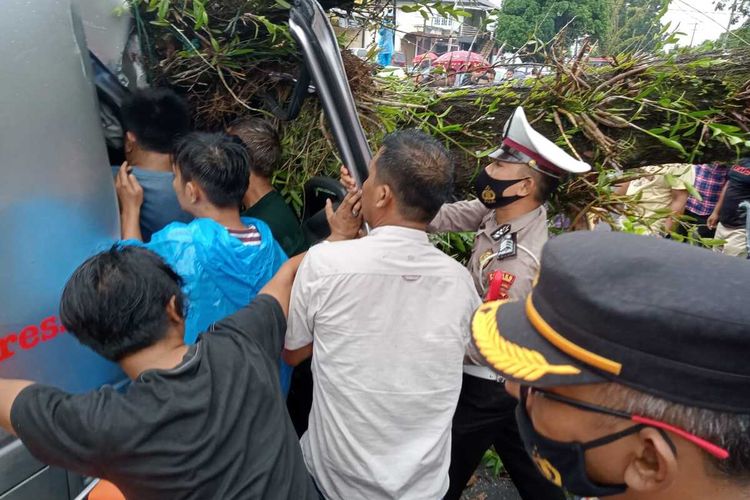 Proses evakuasi terhadap korban mobil ditimpa pohon tumbang di Pasaman Barat, Jumat (6/5/2022)