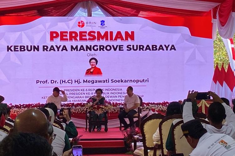 Presiden Kelima RI serta Ketua Dewan Pengarah Badan Riset dan Inovasi Nasional (BRIN), Megawati Soekarnoputri memberikan arahan setelah meresmikan Kebun Raya Mangrove Gunung Anyar, Surabaya, pada Rabu (26/7/2023). 