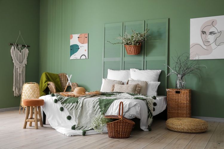 Ilustrasi kamar tidur warna hijau, dekorasi kamar tidur warna hijau. 