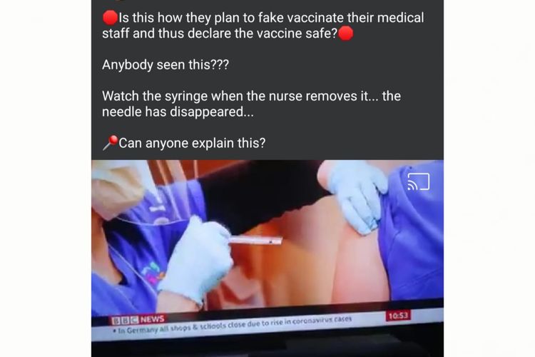 Status Facebook yang mengunggah video dengan narasi keliru mengenai vaksinasi menggunakan jarum palsu.