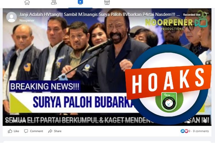 Tangkapan layar Facebook narasi yang menyebut Surya Paloh membubarkan Partai Nasdem