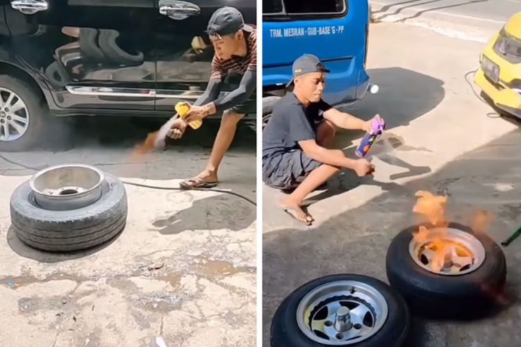 Tangkapan layar video yang memperlihatkan seorang pria sedang memasang ban mobil di pelek tapak lebar dengan cara unik.